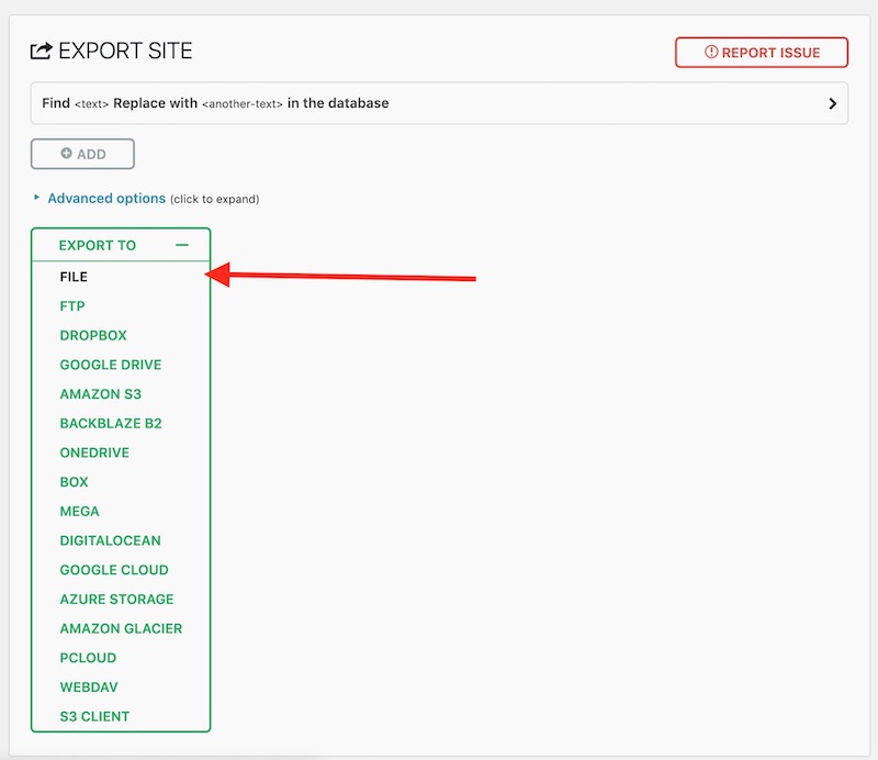paparan halaman untuk export backup all in one migration, pilih export to file